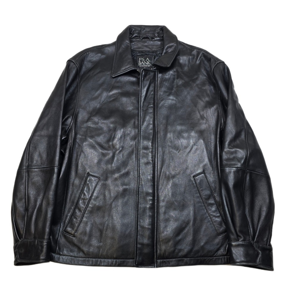 JoS A Bank Leather Jacket Mens XL Black Bomber Zip Quilted Lined Outerwear Soft!
